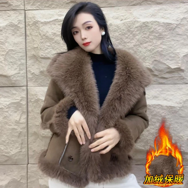 韩系复古皮毛一体外套女2024新款冬季加厚加绒时尚高级感秋冬大衣