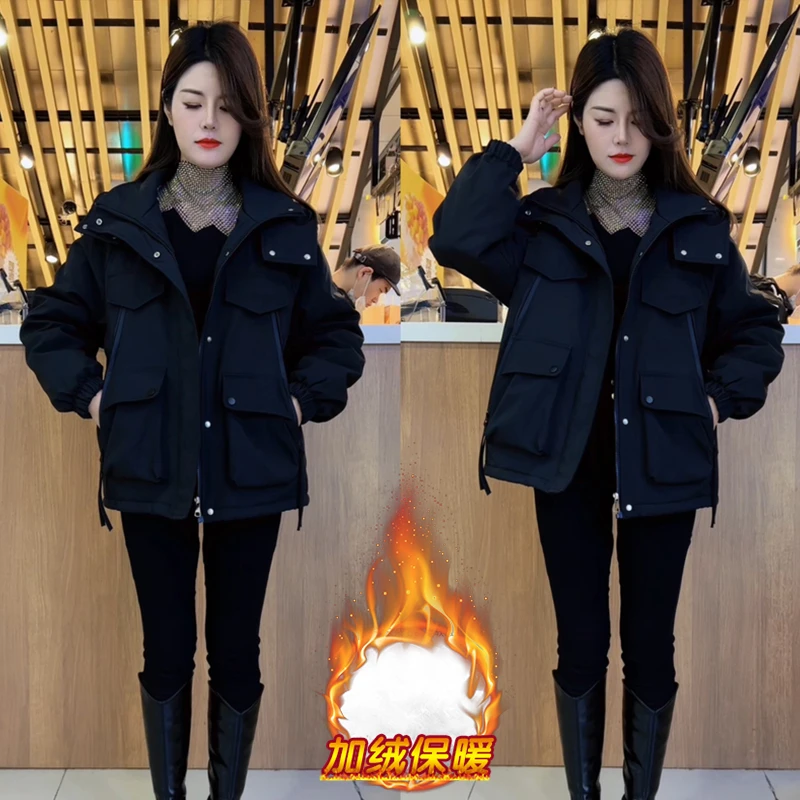 韩版纯色加厚连帽冲锋衣女2024冬季新款休闲宽松工装棉服短款外套