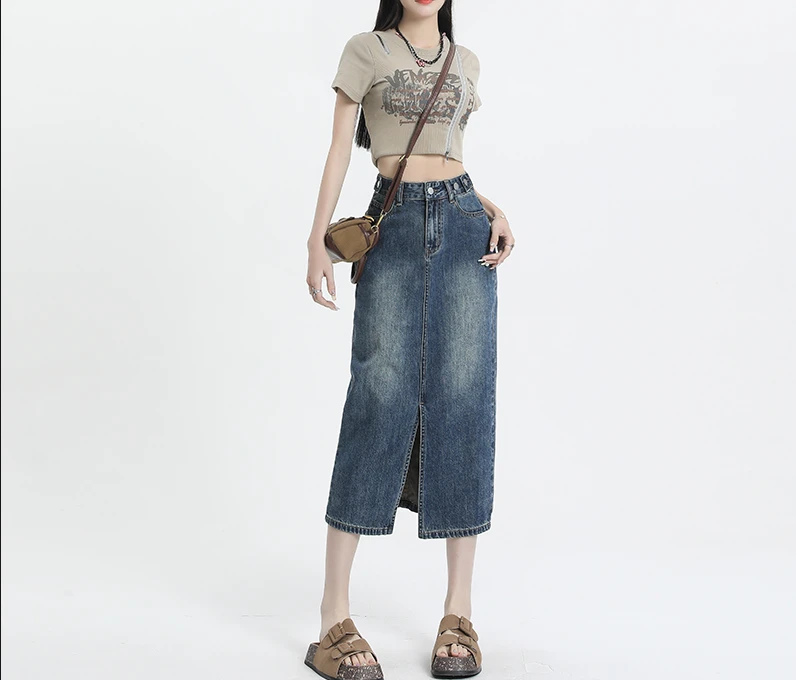 【杨杨】牛仔半身裙女2024春夏款高腰显瘦时尚开叉中长款牛仔包臀裙