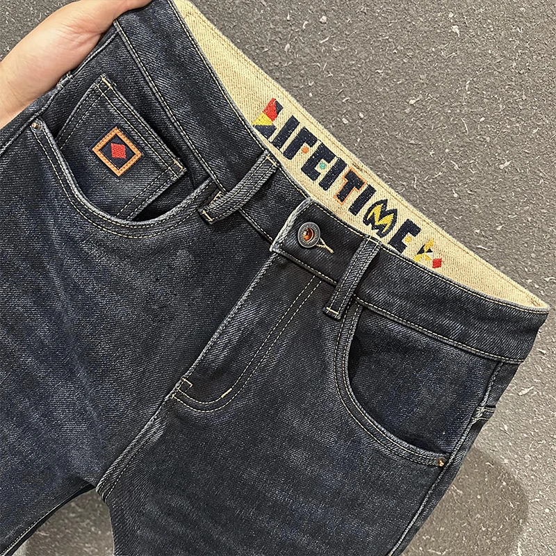 5213冬季薄绒牛仔裤男士休闲简约高端百搭舒适保暖修身长裤