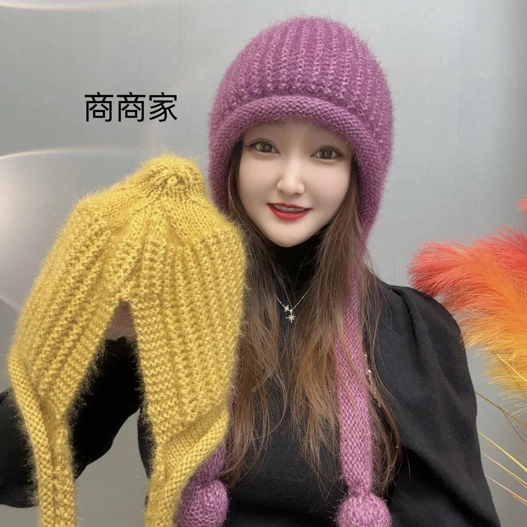 商商家 冬季洋气网红新款奶嘴雪球围脖帽 时尚保暖休闲针织帽
