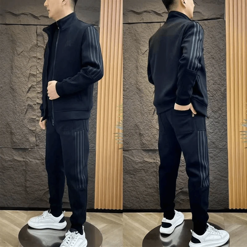 秋季新款简约条纹休闲运动套装男士潮流时尚立领外套束脚裤两件套