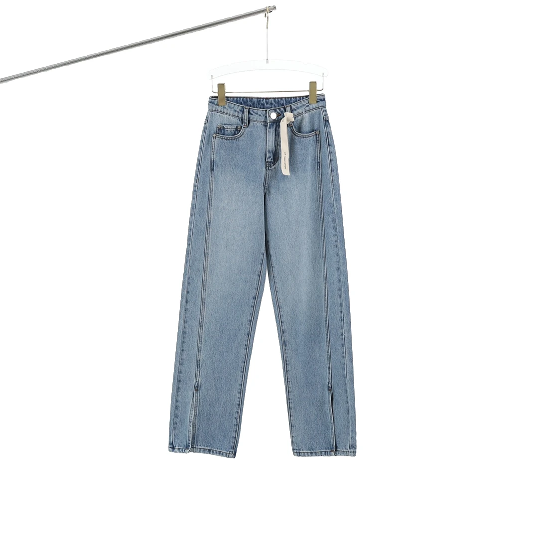 大码高腰做旧宽松港味牛仔裤显瘦阔腿修饰梨型身材开叉牛仔裤