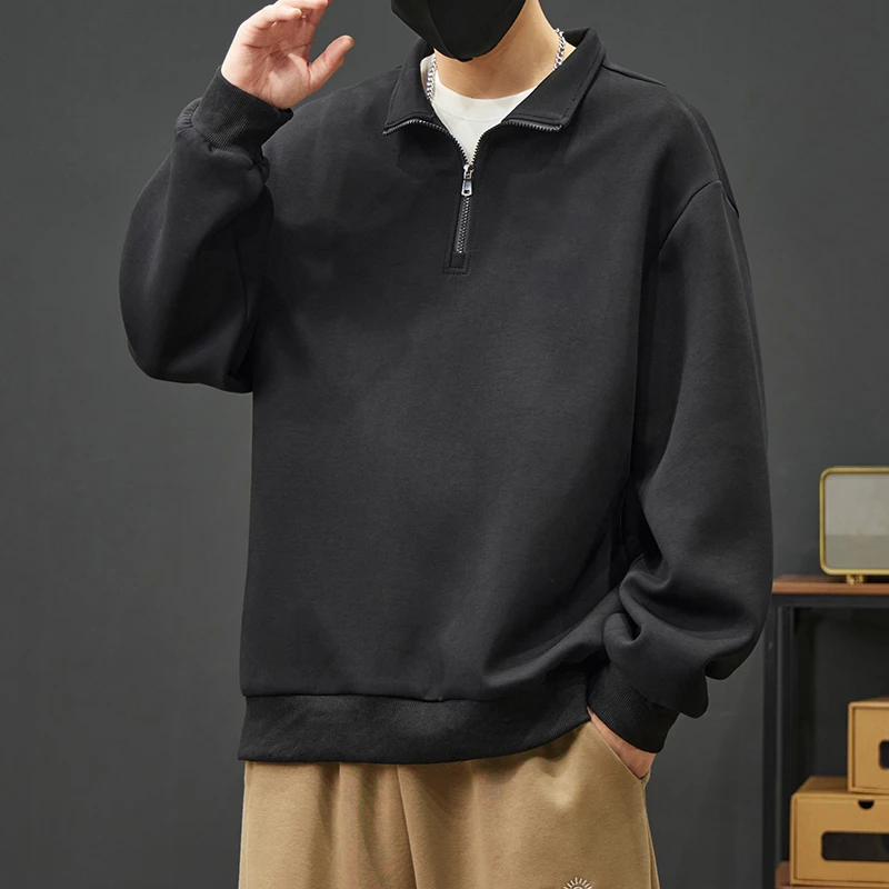 大码美式潮牌早秋季简约纯色半拉链Polo领卫衣男oversize百搭上衣