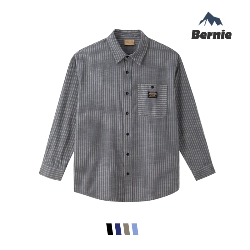 条纹棉麻衬衫潮流复古休闲翻领衬衣男女同款长袖外套