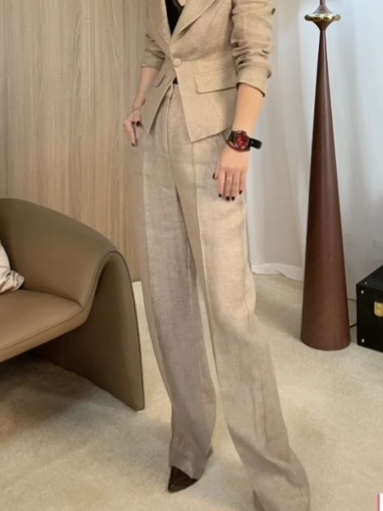 YJ原创设计亚麻色裤子时尚气质显瘦网红卡其金色单独裤子K-035