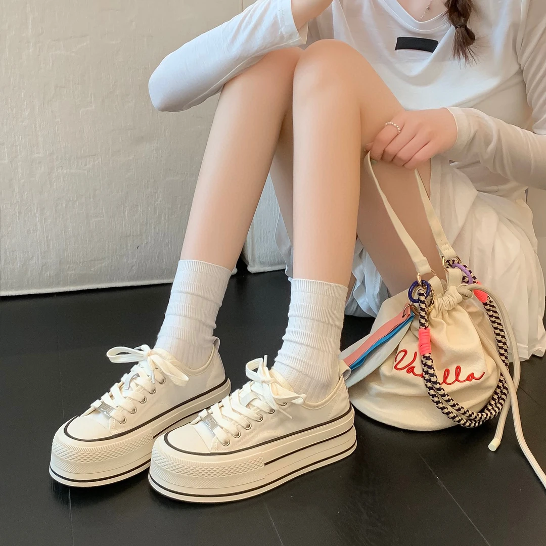 YJ女款小白鞋两穿可踩跟夏季厚底增高板鞋韩版系带时尚休闲鞋子