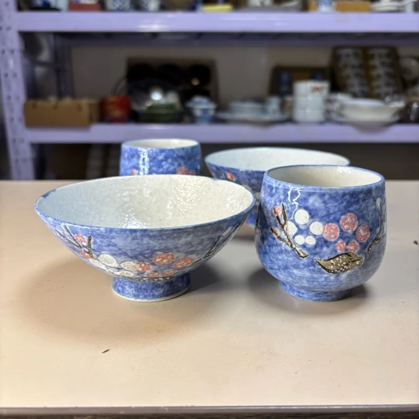 日瓷老货未使用过一套四只雪花釉两碗两杯中古回流瓷器套装
