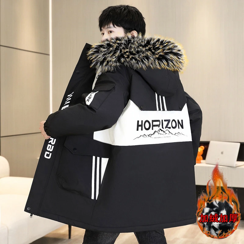 冬季新款男装中长款加绒加厚夹克外套青少年保暖棉衣风衣棉服套装