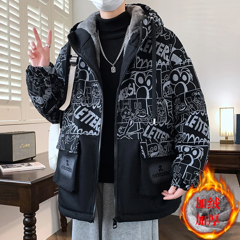 冬季连帽牛仔加绒加厚渐变色外套男学生休闲青少年保暖花棉衣夹克