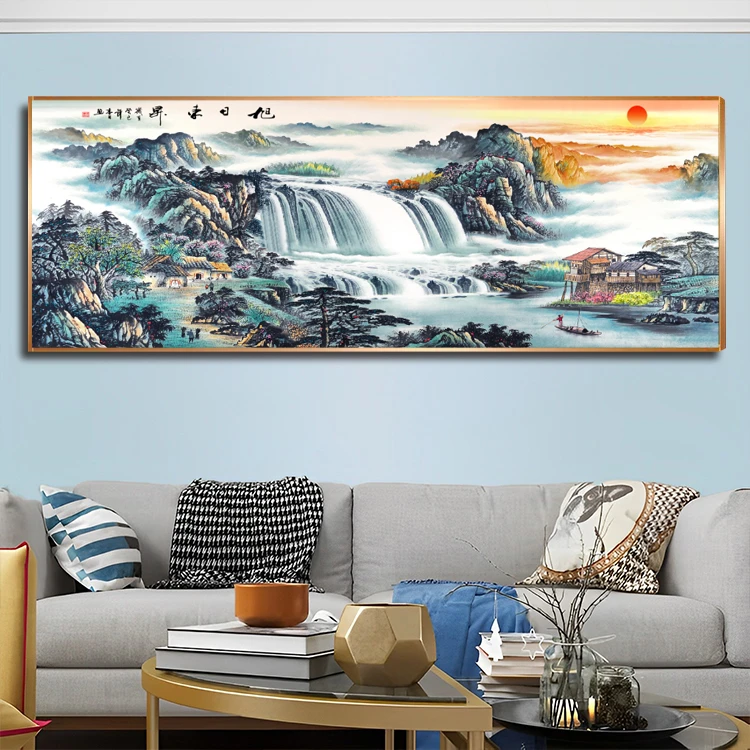 【旭日东升】客厅装饰画山水画背景墙挂画轻奢镶钻晶瓷画背景墙挂画