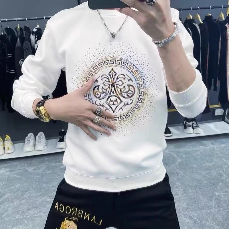欧洲站烫钻2025新款秋冬季圆领加绒卫衣男套头衫潮牌男士衣服T恤