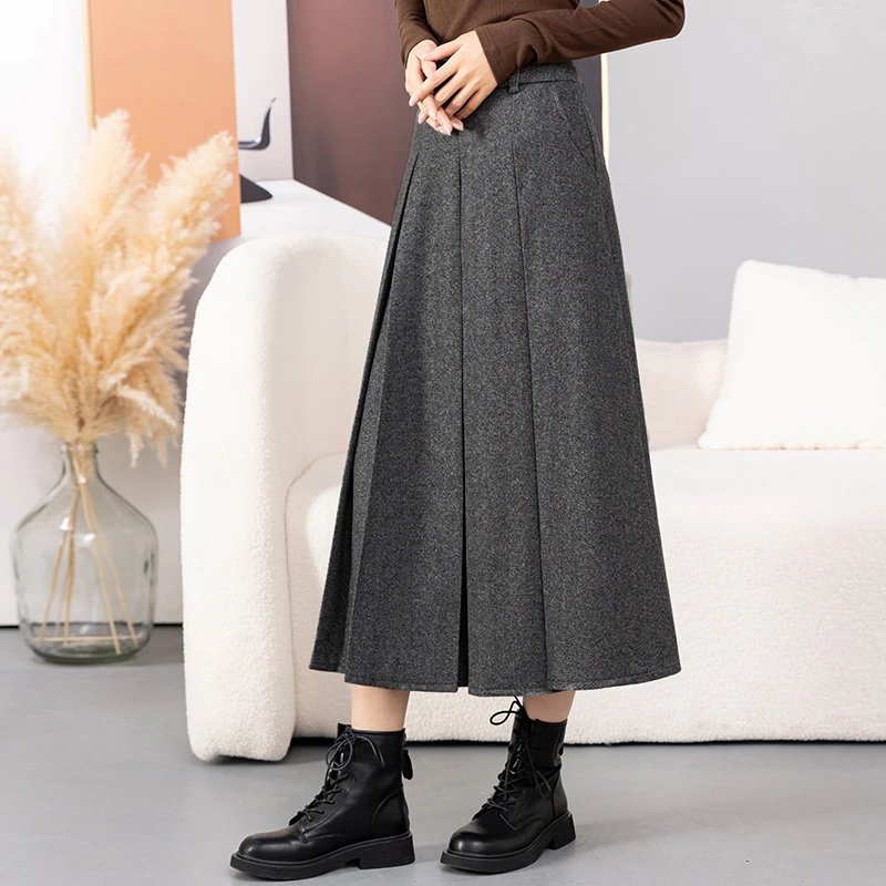 秋冬款百褶裙羊毛半身裙毛呢显瘦2024新款a字裙高腰复古中长款