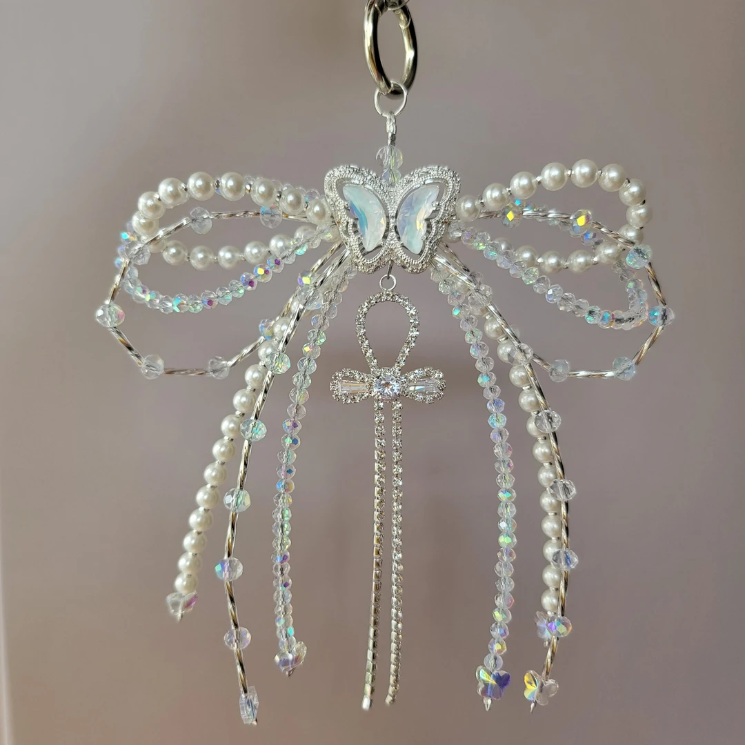 新款蝴蝶流苏蝴蝶结手机链手机挂件包挂车挂件白色重工