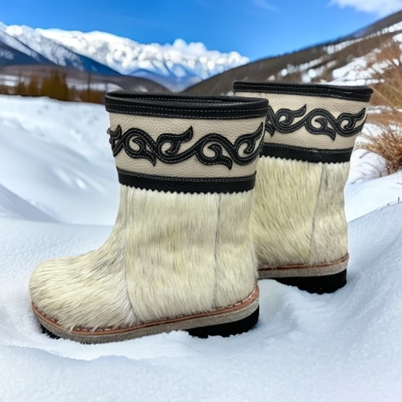 反季清仓208-62女士短腰冬季马毛靴防滑加厚保暖时尚厚底短筒真皮