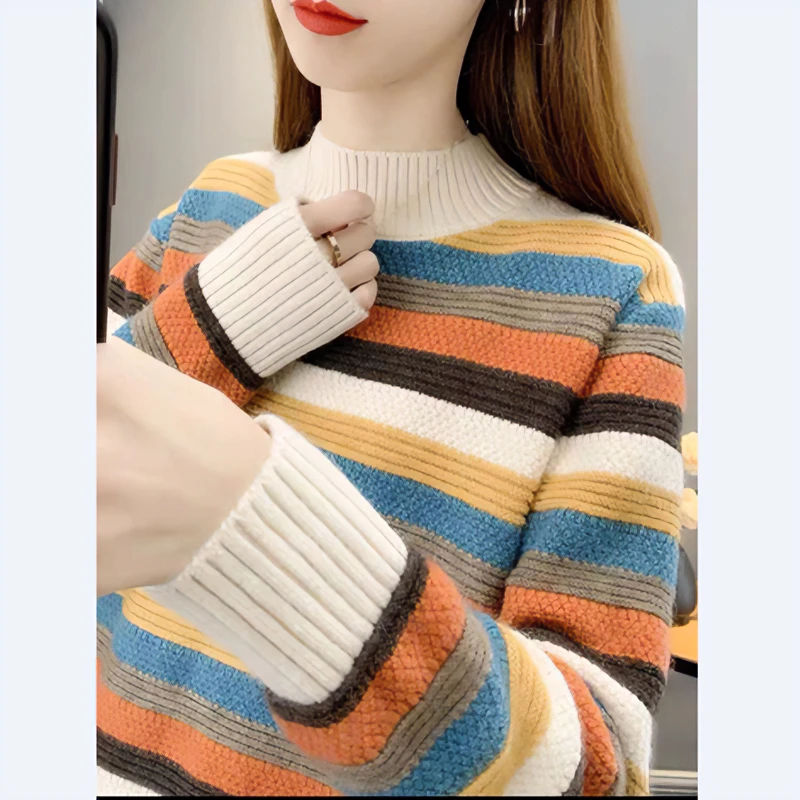 半高领毛衣女2024秋冬季新款韩版宽松针织打底衫加厚外穿条纹上衣