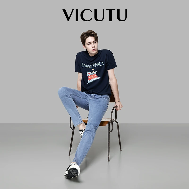 男士短袖T恤25年春夏新款时尚圆领蓝色休闲棉户外夏季透气印花