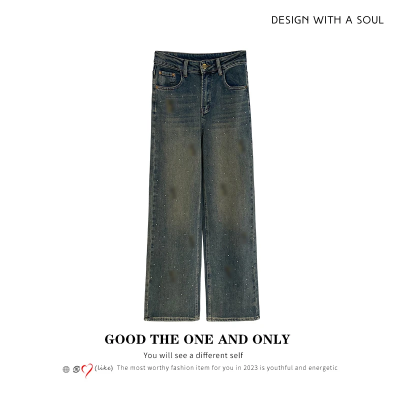 满天星时尚设计感重工烫钻高腰牛仔裤300532