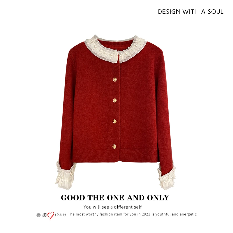 【小云总专享】宝莎伦欧货撞色拼接压褶网纱花边短款针织开衫300682