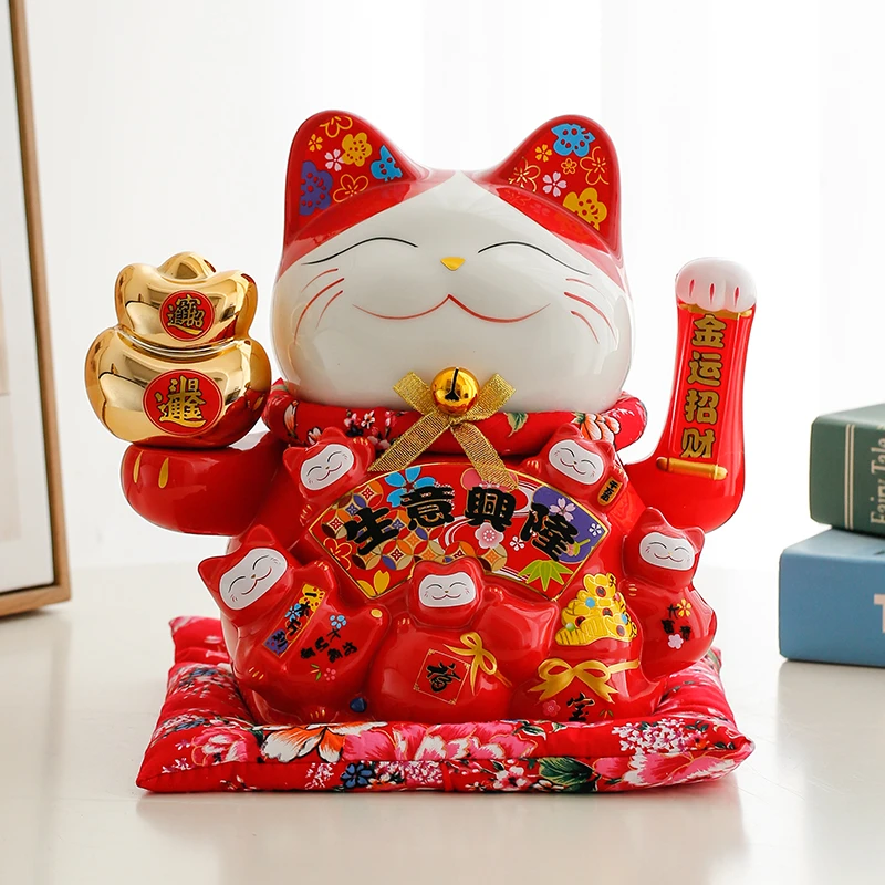 红色招财猫摆件电动摇手居家客厅摆放开业送礼生意兴隆陶瓷工艺品
