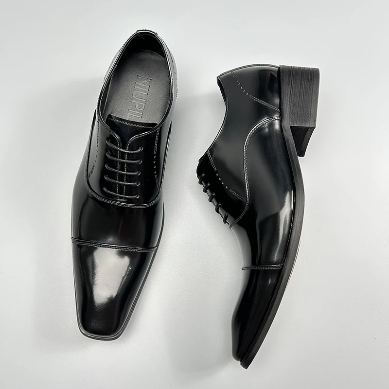 三接头正装皮鞋男亮皮黑色真皮牛津鞋休闲方头英伦风男士增高皮鞋