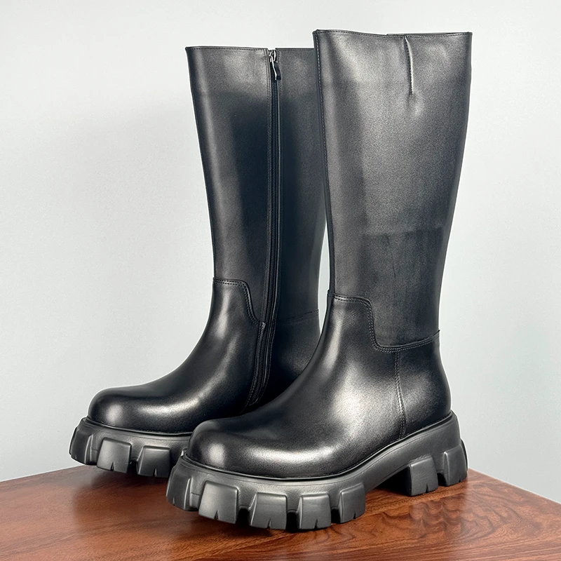 头层牛皮骑士靴男款加绒冬季马靴增高6cm厚底高筒时装靴男长靴潮
