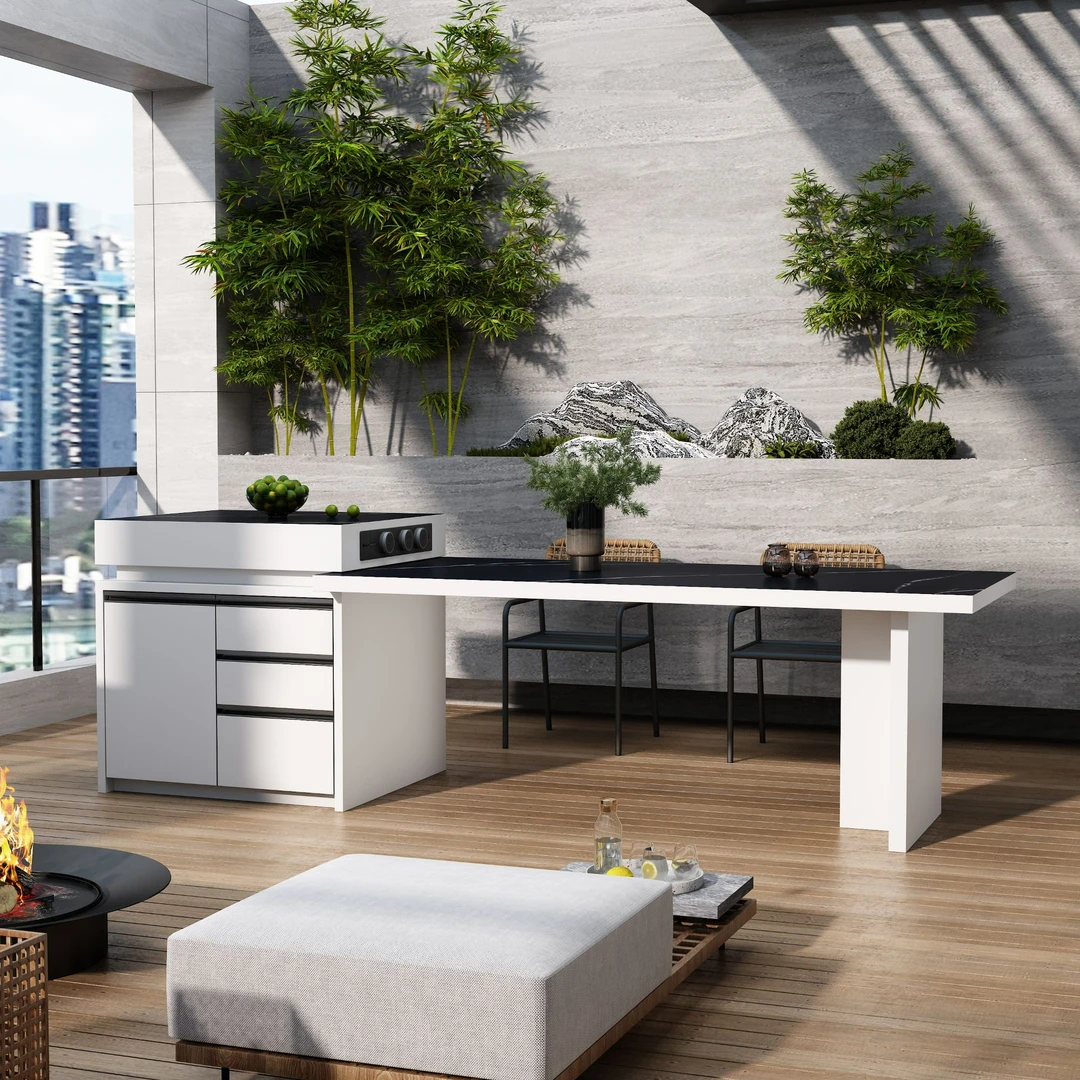 现代风全岩板户外专用岛台餐桌一体可伸缩定制家用厨房客餐厅餐桌