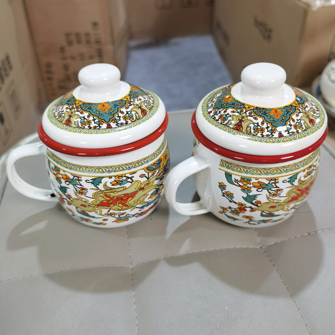 400ml俄罗斯花珐琅搪瓷杯琅搪瓷杯带盖茶杯马克杯喝水杯茶缸泡茶