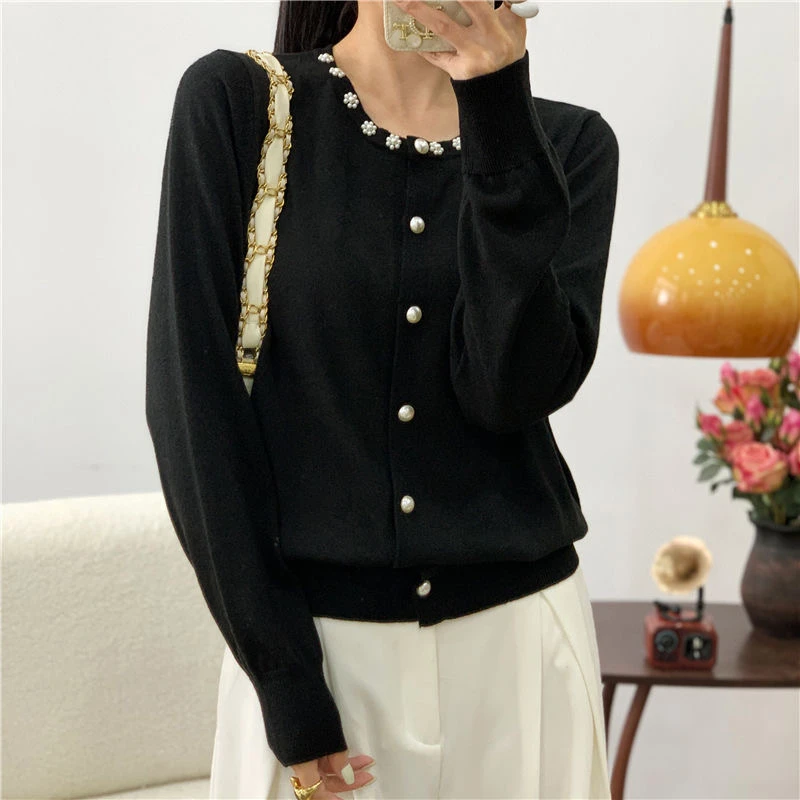 【货号188】春季圆领小香风针织上衣女气质百搭显瘦钉珠打底开衫