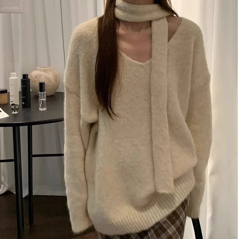 韩系高级V领挂脖围脖毛衣女秋冬宽松慵懒风设计感针织上衣