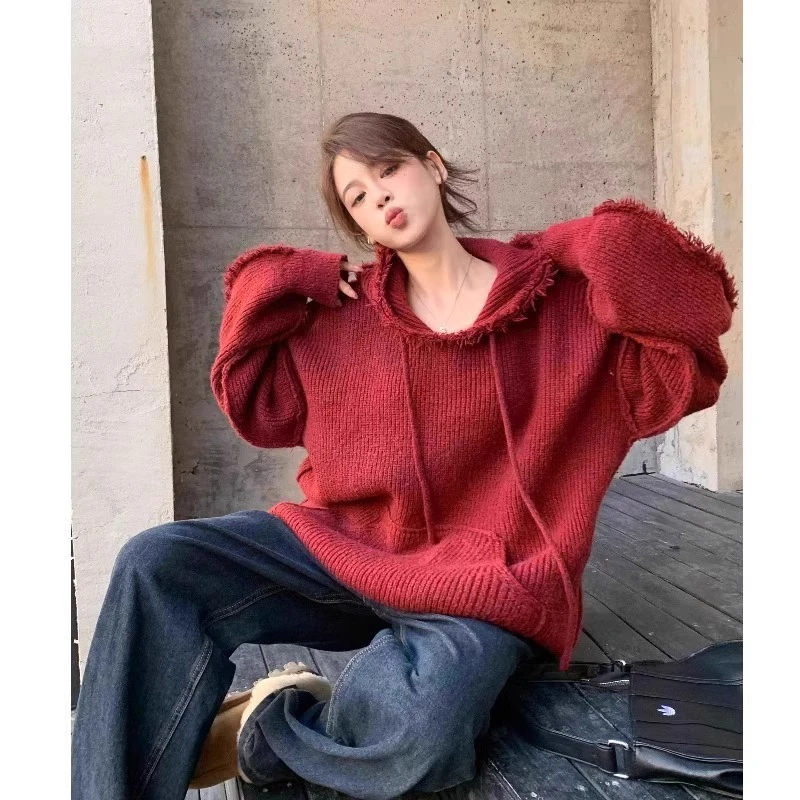 流苏连帽软糯毛衣女装秋冬新款外穿慵懒风宽松针织衫别致上衣