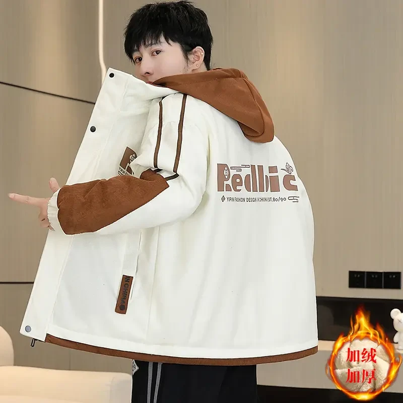 加绒加厚外套男秋冬款拼接连帽夹克保暖潮牌青少年保暖派克棉服