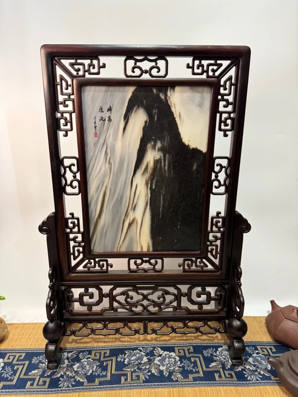 红木嵌大理石台屏屏风插屏大红酸枝中式实木中堂家居古典屏风摆件