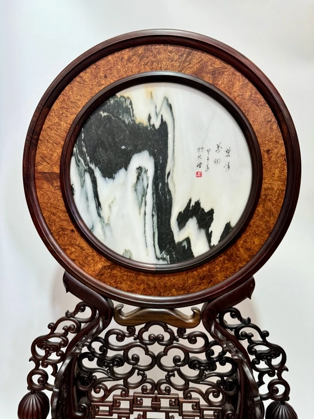 老挝大红酸枝交趾黄檀缅花樱木云石圆屏 绿花石