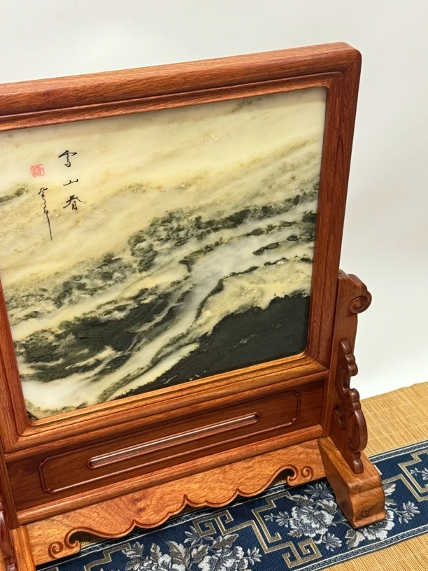 中堂案上红木云石方台屏/插屏/屏风摆件 镶嵌天然老矿云石