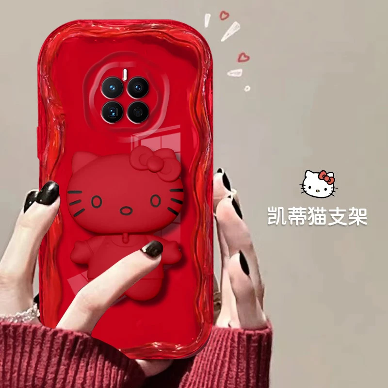 【华为MATE50/MATE50E】红色奶油壳猫猫支架款网红清透硅胶防摔壳