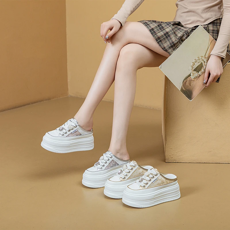 网红凉鞋时尚夏季透气厚底半拖凉拖春季春夏镂空薄款高跟网面