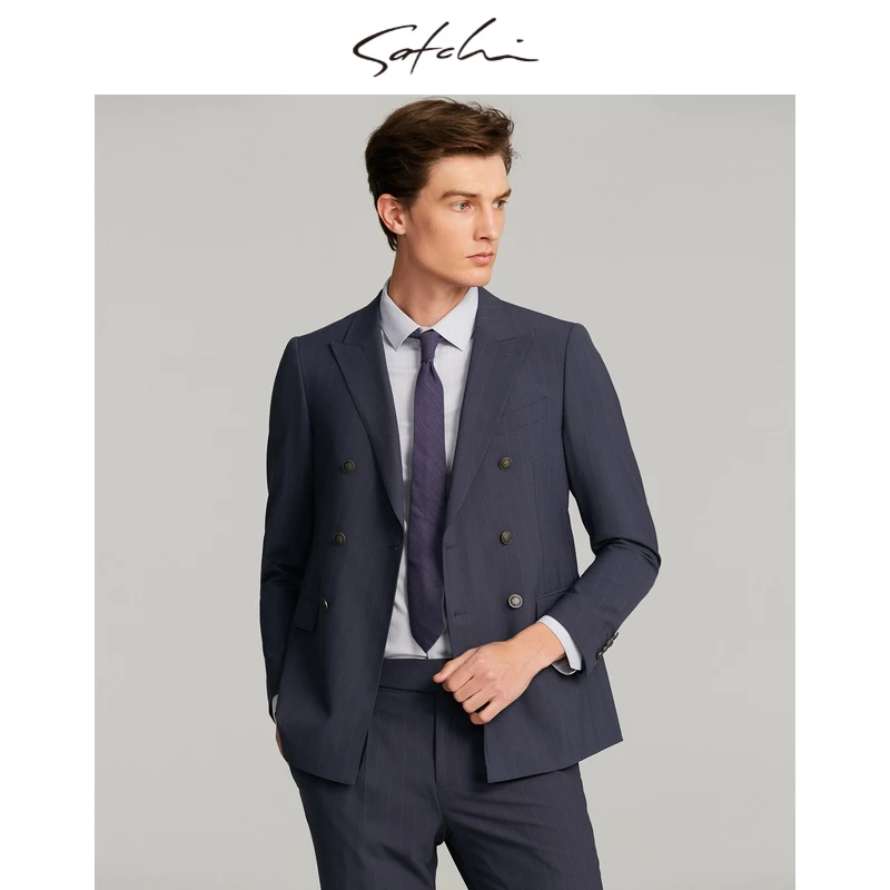 Satchi男装男士双排扣西服绵羊毛正装条纹修身高端商务西装外套