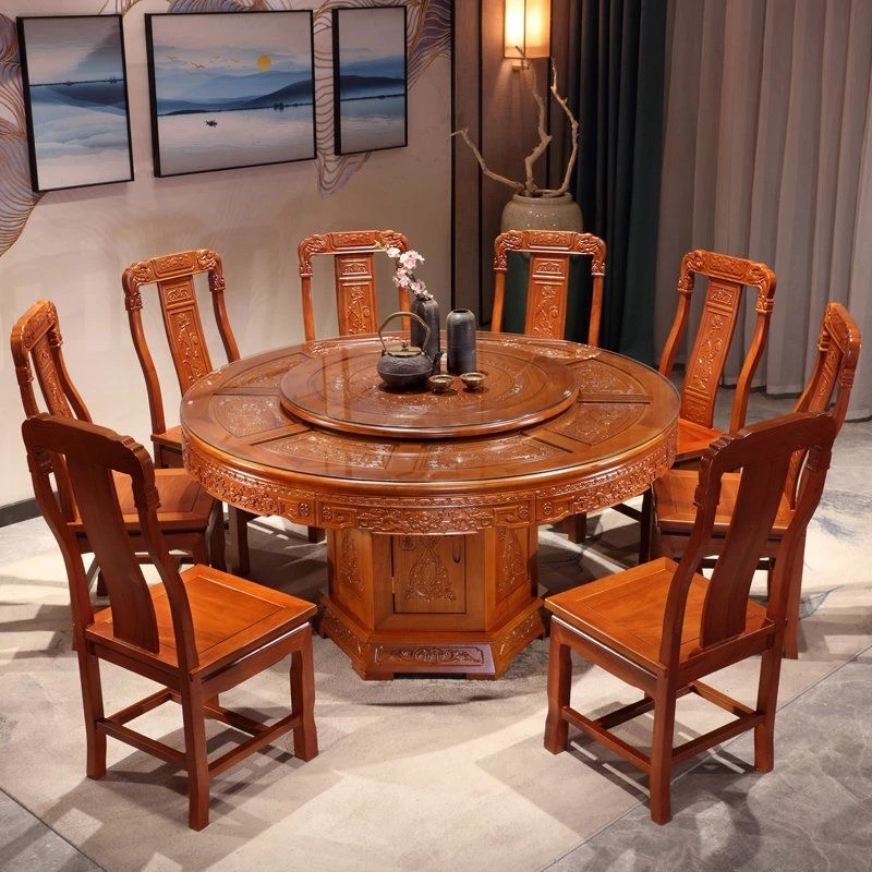 中式全实木餐桌椅组合菠萝格木圆形明清仿古雕花桌实木家用饭桌子