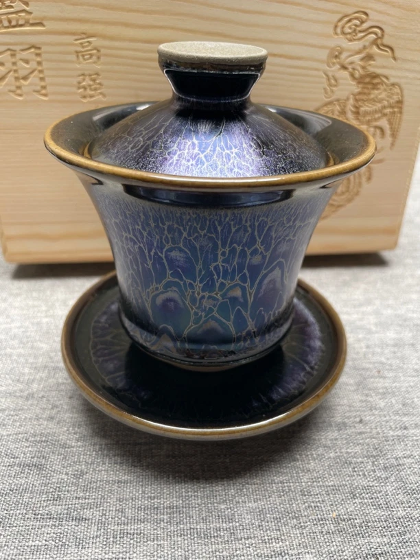 高端茶器建盏蓝羽.星辰.两财盖碗原矿釉手工制作，原产地匠人自销