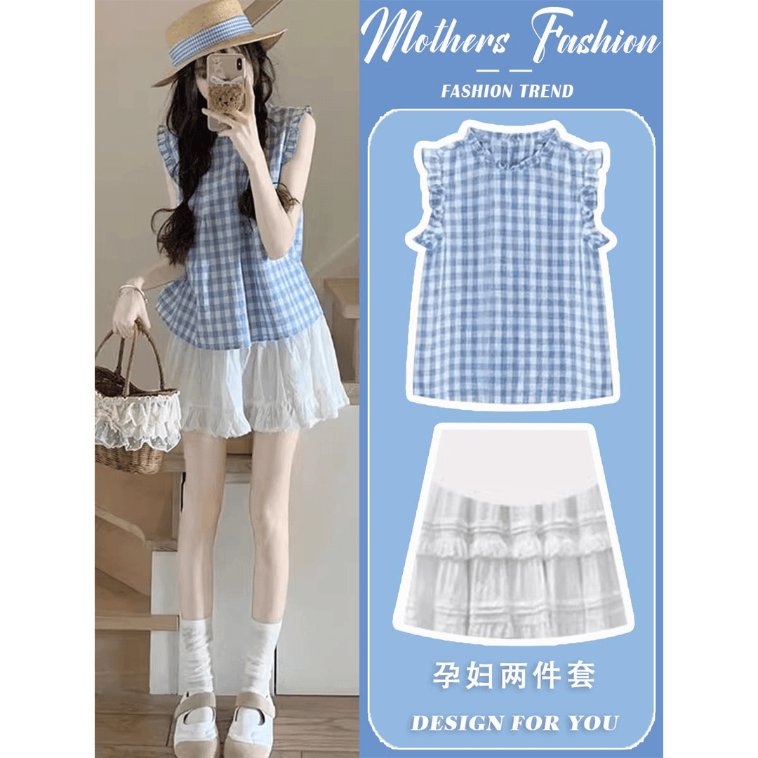 孕妇套装时尚洋气圆领蓝色格子无袖薄款上衣短裙2024新款两件套夏