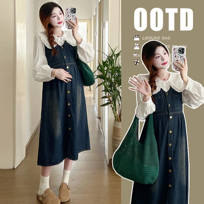 孕妇秋装2025新款大码连衣裙春秋季牛仔裙子上衣时尚套装洋气时髦