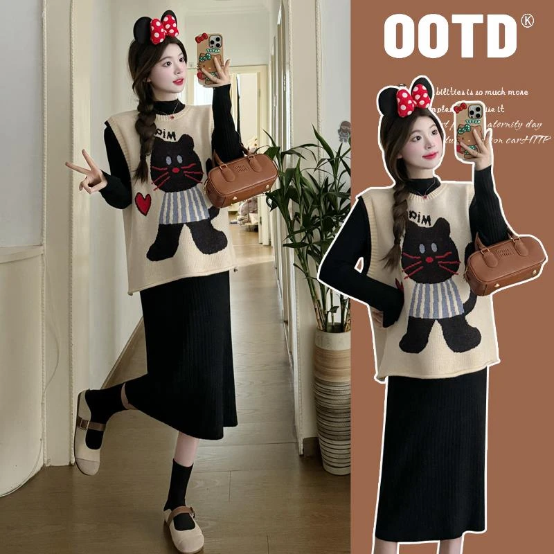 韩版显瘦孕妇装洋气秋冬款连衣裙新款毛衣裙两件套