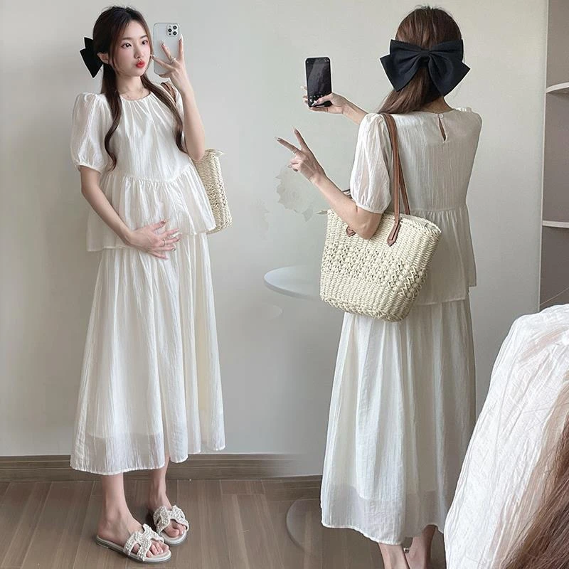 孕妇装2025孕妇夏装新款时尚设计感假两件短袖宽松孕妇连衣裙