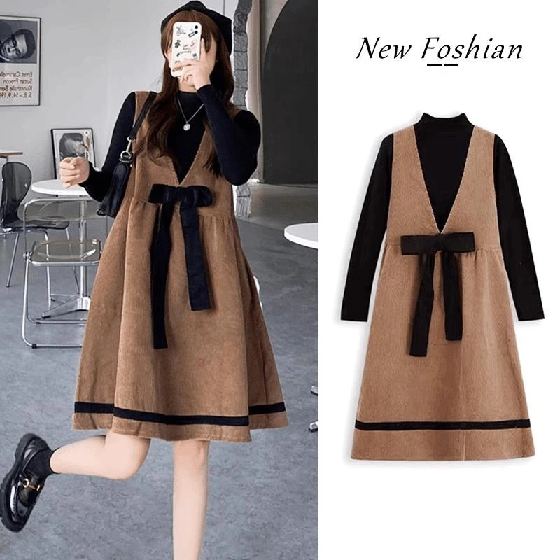 秋冬孕妇装秋季新款韩版甜美针织上衣灯芯绒背带裙蝴蝶结两件套