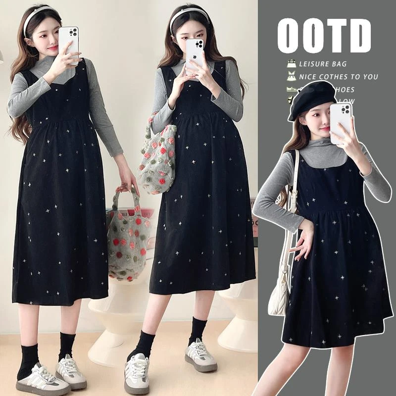 孕妇装秋装2024新款两件套连衣裙甜美显瘦大码长袖裙子高级感套装