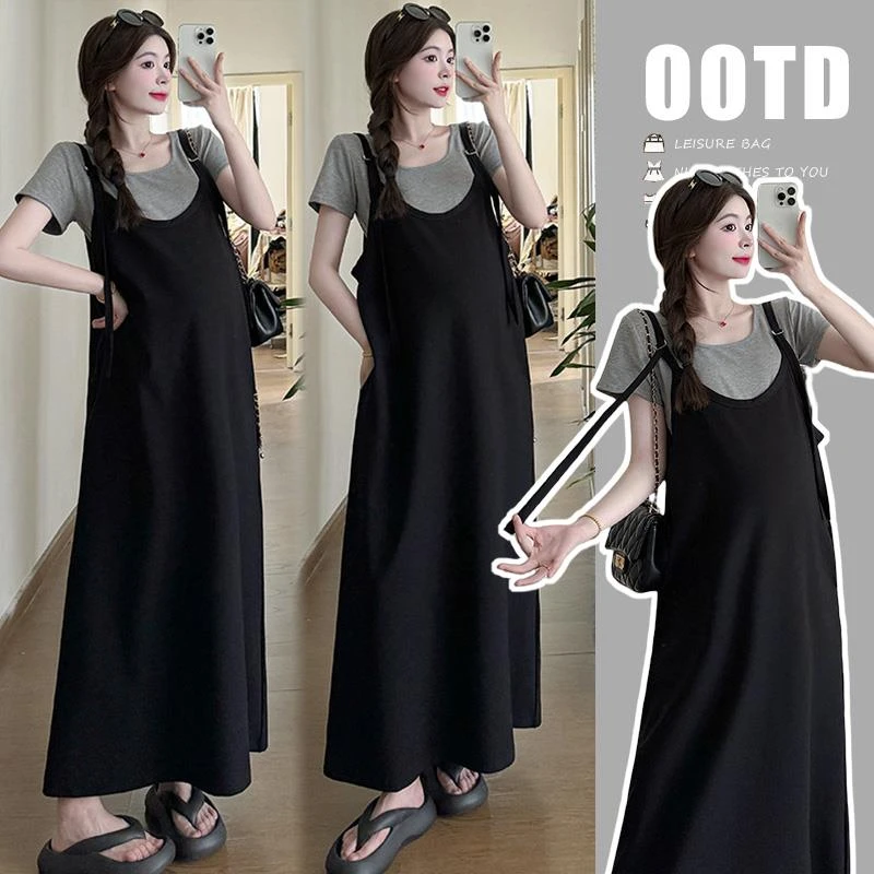 孕妇装2025新款夏装短袖夏季连衣裙时尚大码背带裙两件套中长款