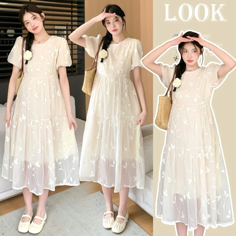 孕妇裙子夏装设计感重工刺绣雪纺过膝长裙宽松显瘦夏季孕妇连衣裙