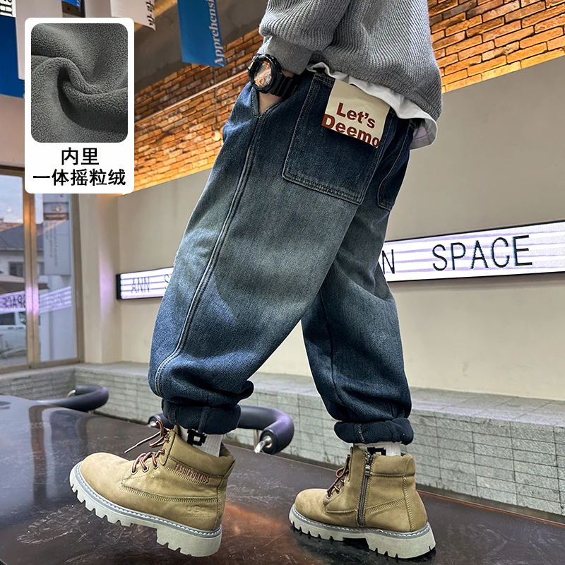 童装男童牛仔裤加绒冬季一体绒2023新款中大童加厚韩版宽松时尚潮