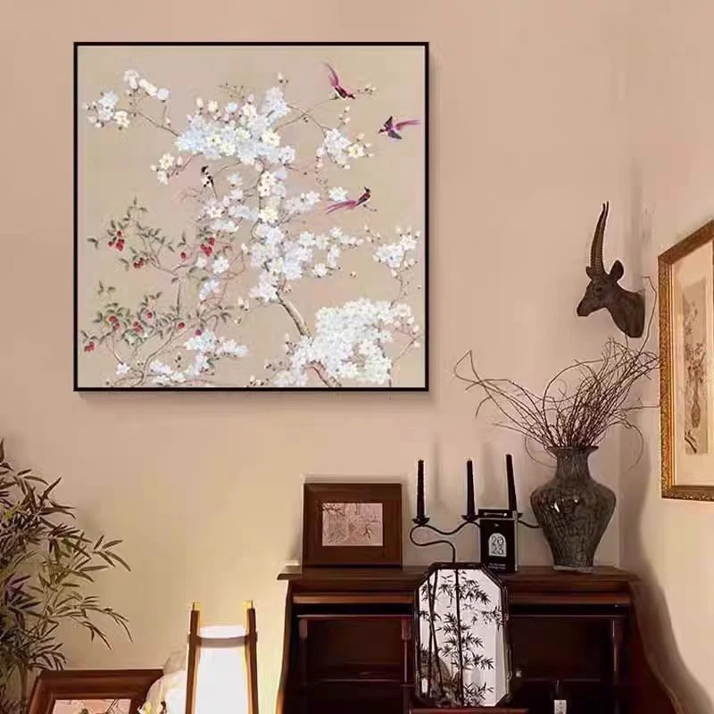 新中式喜上枝头画肌理砂岩画花鸟复古客厅装饰画